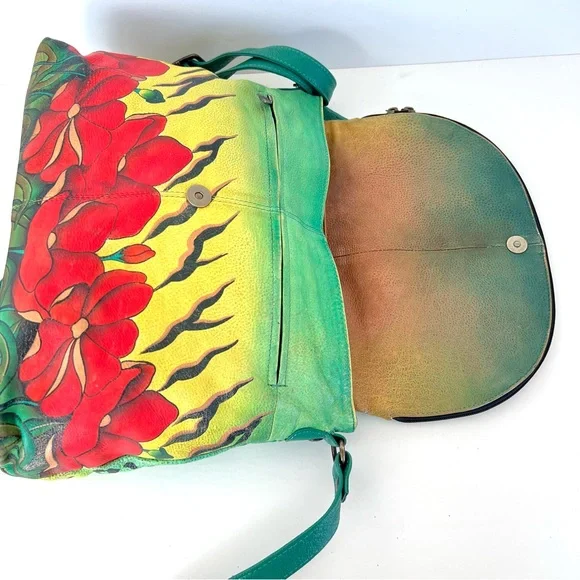 ANUSCHKA Multicolor Hand Painted Leather Wallet w Shoulder Bag Crossbody Satchel - Picture 9 of 16